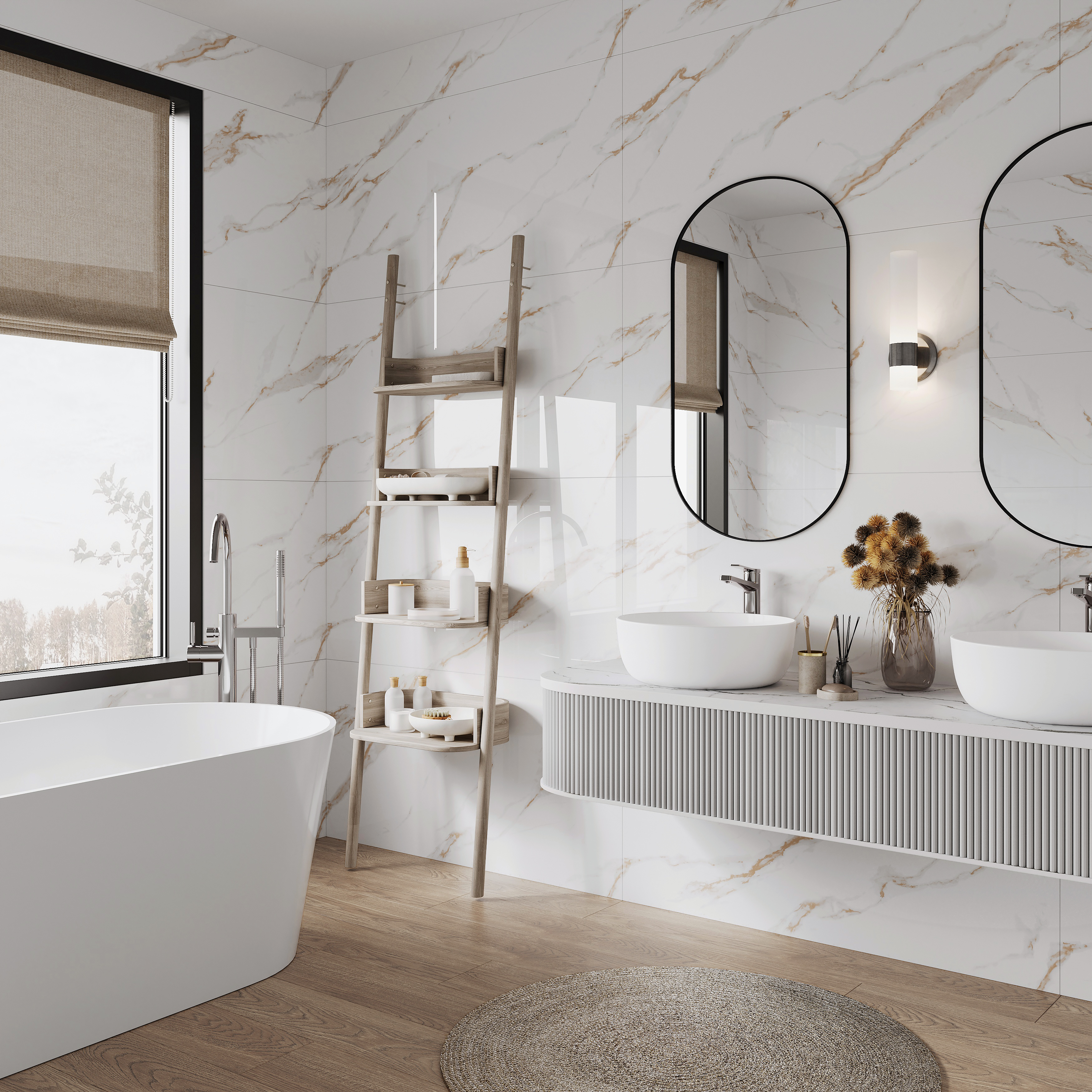 Фото в интерьере для ванной Ceradim Calacatta Sharp Gold